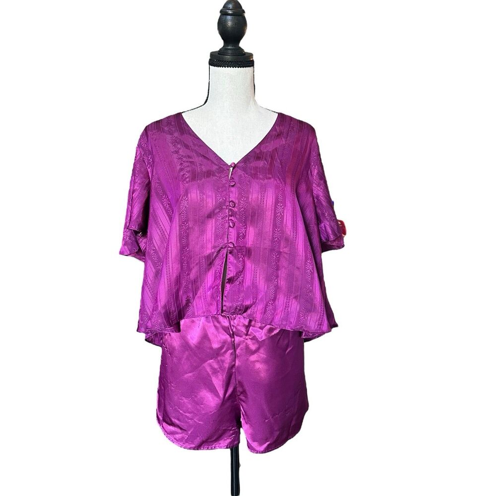 Vintage Victoria's Secret Purple Satin Jaquard Pajama Set Shorts Top Gold Label